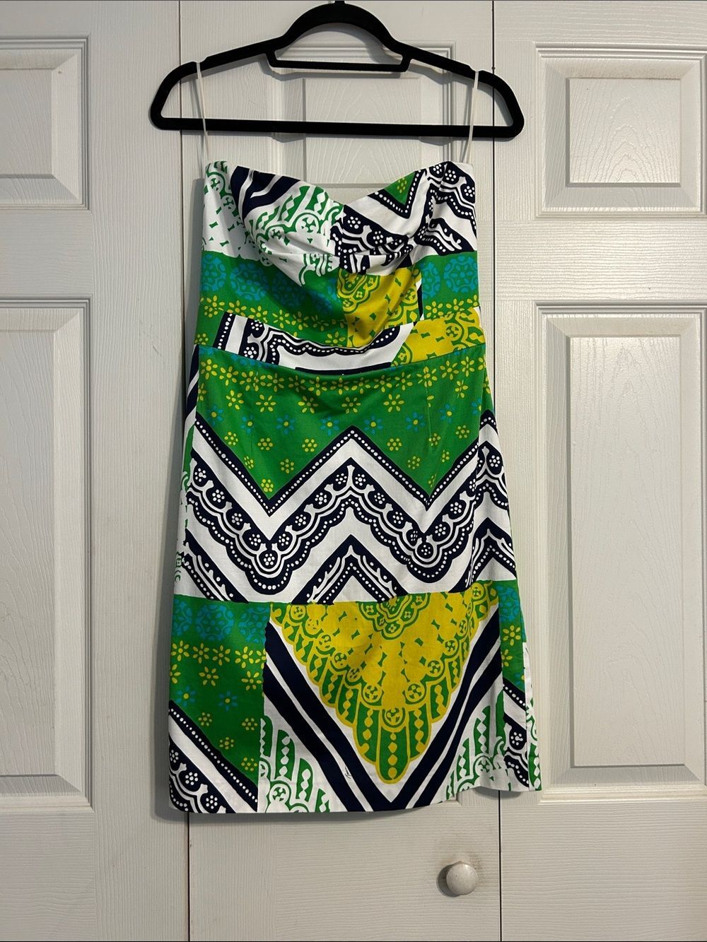 TRINA TURK Green Navy Yellow White Floral Strapless Dress Size 8 Lined Preppy